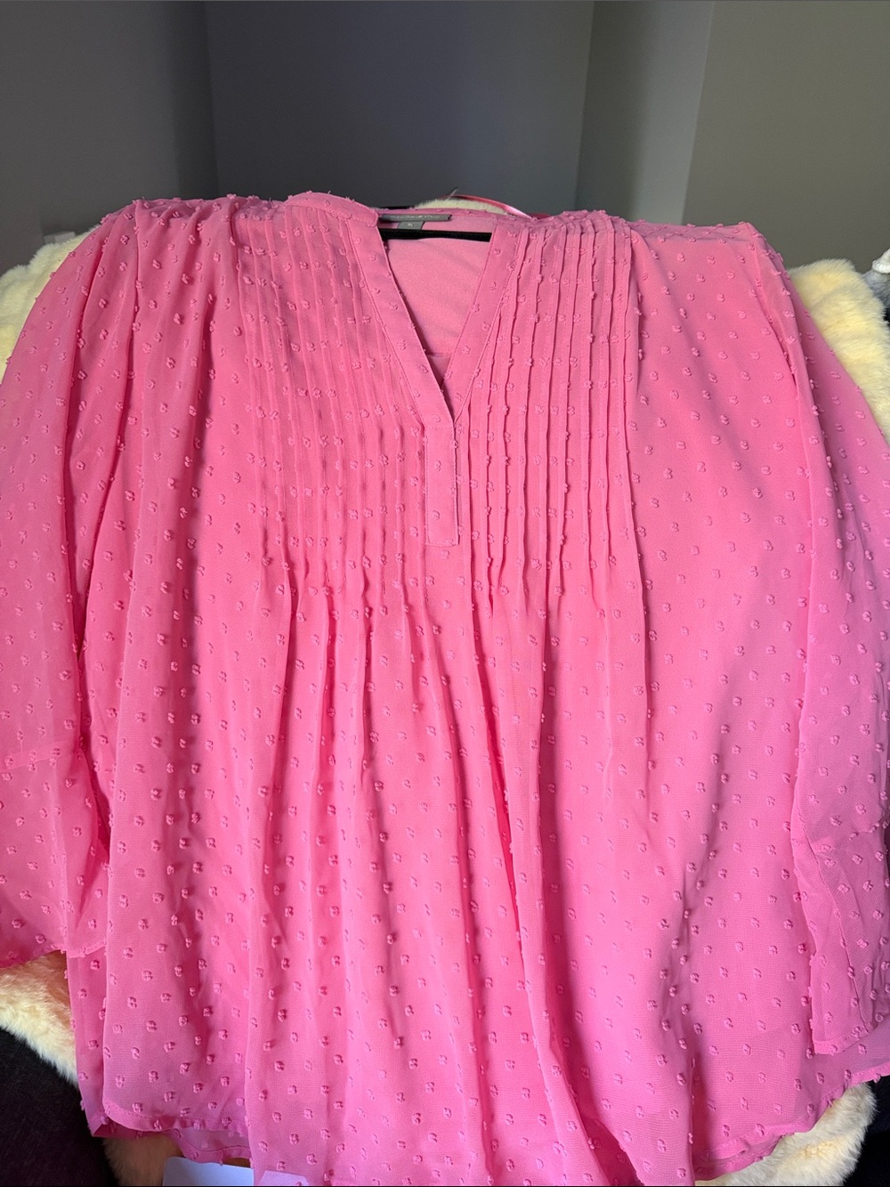 Sheer Pink Dot Pintuck V-Neck Women's Blouse